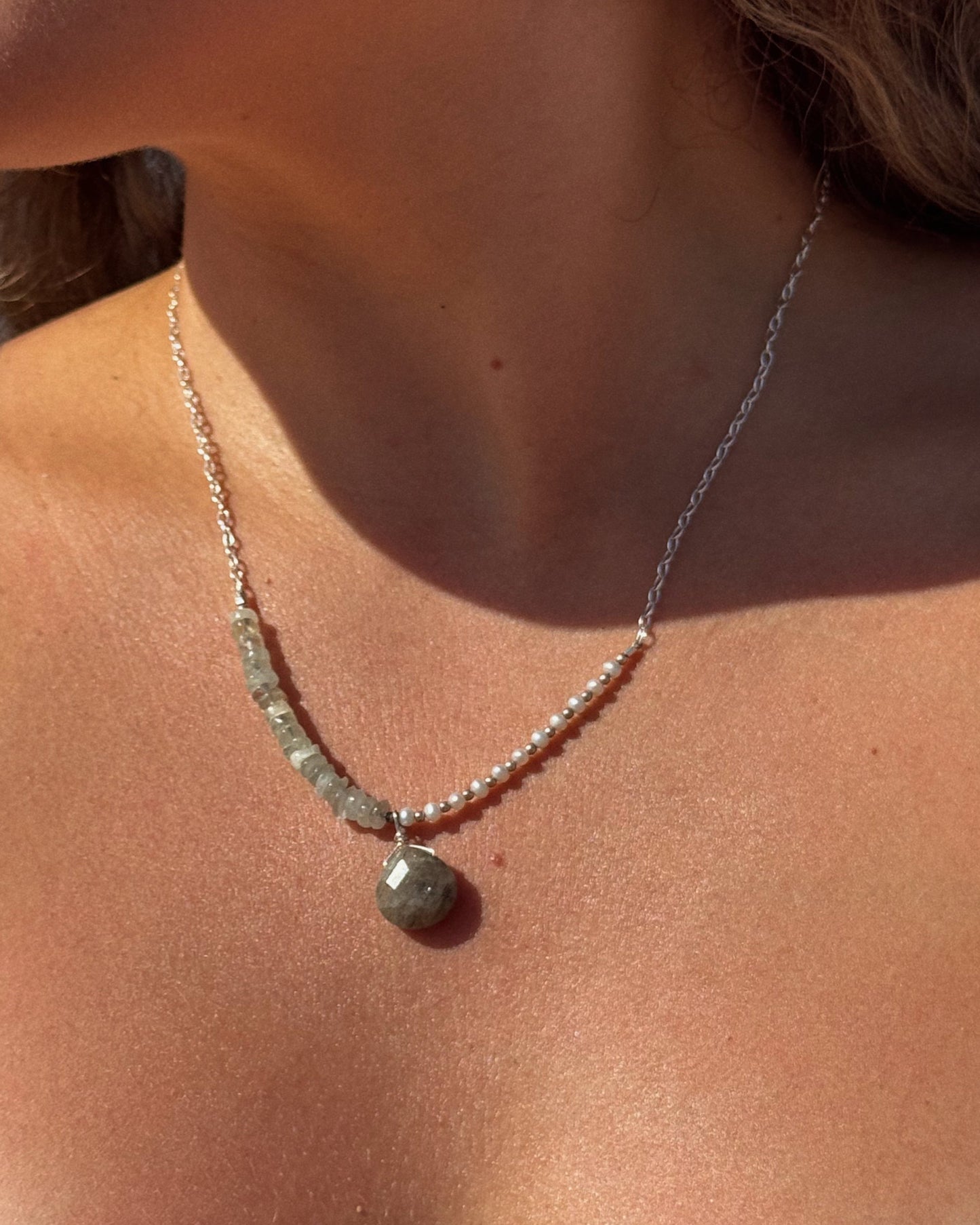 Handmade Catalina Necklace featuring sterling silver, freshwater pearls, aquamarine, and quartz, dainty and perfect for everyday wear or layering.