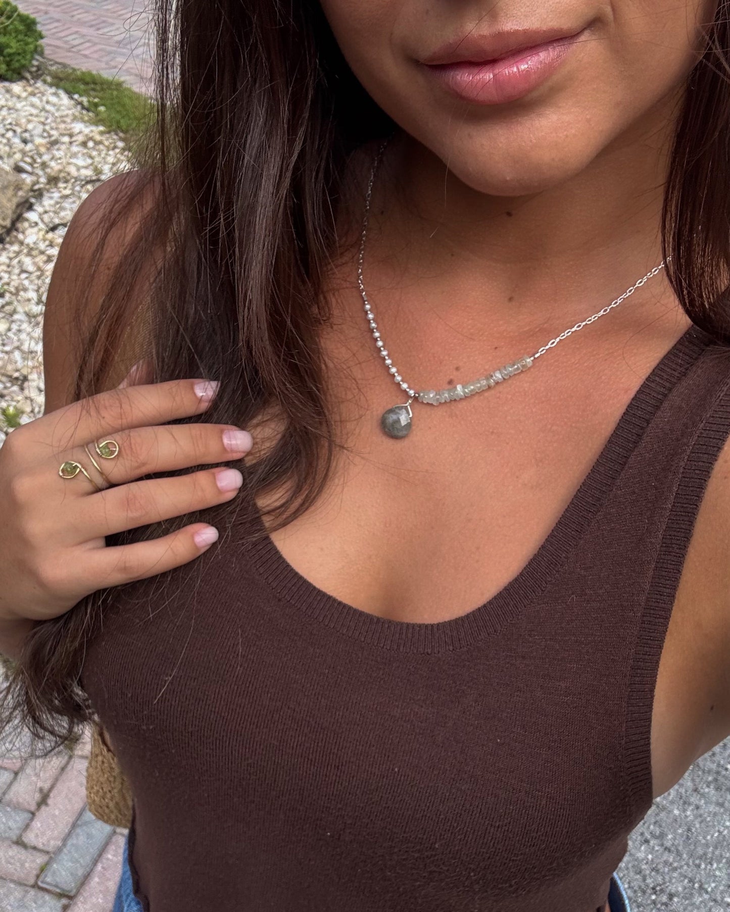 Handmade Catalina Necklace featuring sterling silver, freshwater pearls, aquamarine, and quartz, dainty and perfect for everyday wear or layering.