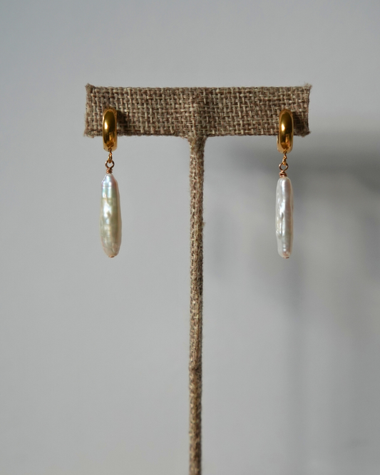 Biwa Pearl Drop Huggie Earrings