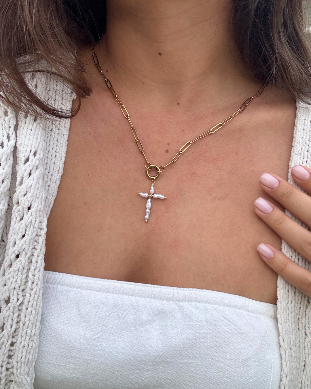 Pearl Cross Charm Necklace