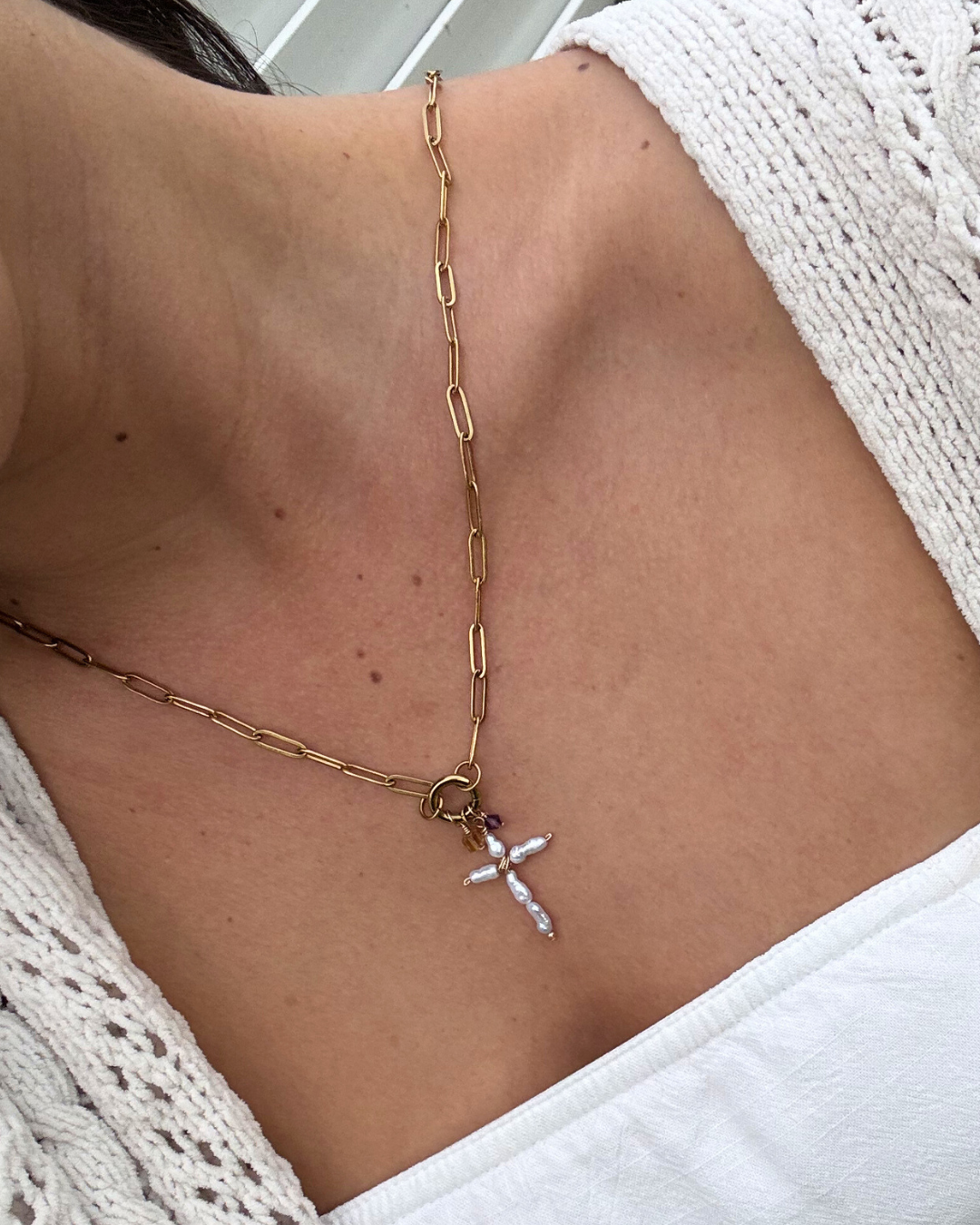Pearl Cross Charm Necklace