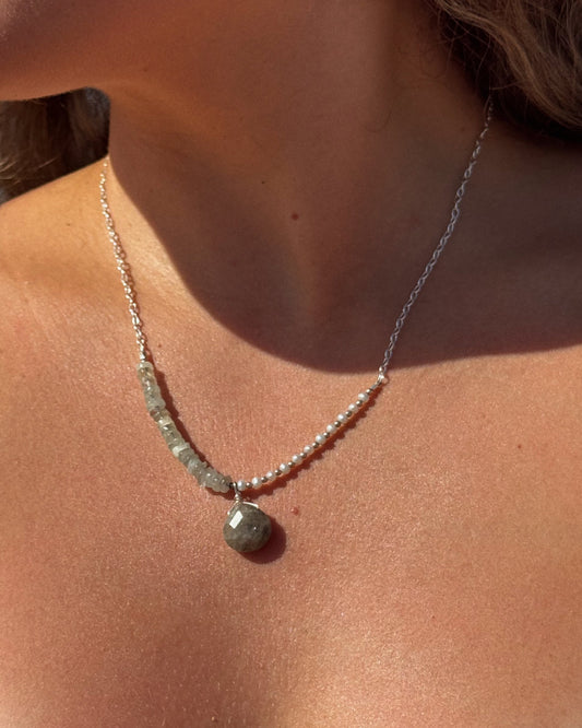 Handmade Catalina Necklace featuring sterling silver, freshwater pearls, aquamarine, and quartz, dainty and perfect for everyday wear or layering.