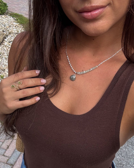 Handmade Catalina Necklace featuring sterling silver, freshwater pearls, aquamarine, and quartz, dainty and perfect for everyday wear or layering.
