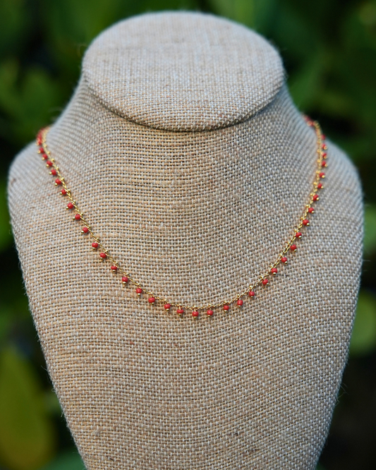 Handmade Ember Choker Necklace featuring tiny red beads on a 15-inch gold-plated chain with gold-filled findings, dainty and lightweight.