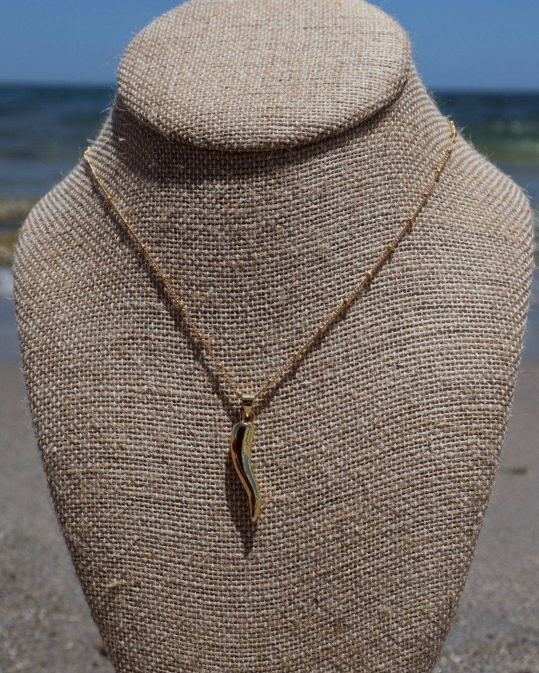 Handmade Italian Horn Necklace featuring 18k gold-filled charm on a delicate gold-filled chain, symbolizing protection and good luck.