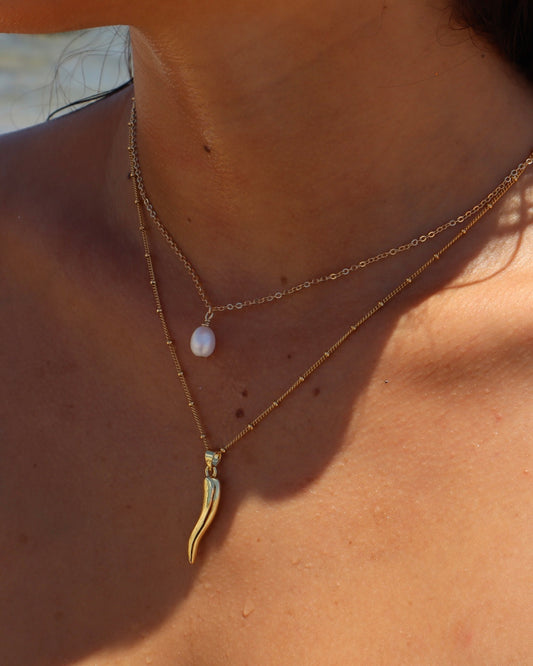 Handmade Italian Horn Necklace featuring 18k gold-filled charm on a delicate gold-filled chain, symbolizing protection and good luck.