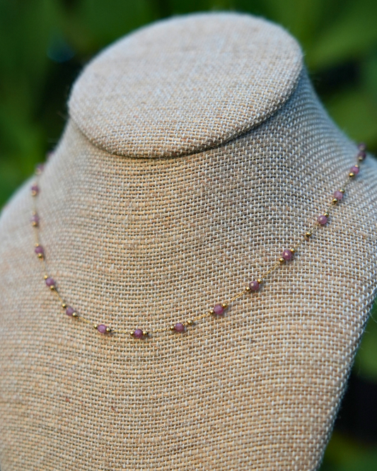 Handmade Iris Choker Necklace featuring tiny purple stones and gold beads on a 15-inch gold-plated chain with gold-filled findings, dainty and lightweight.