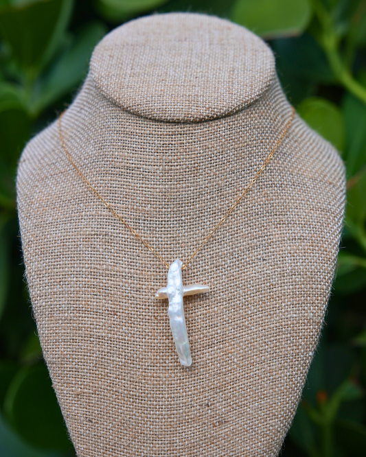 Handmade Grace Pearl Cross Necklace featuring freshwater pearls on a 14k gold-filled adjustable chain, dainty and unique for layering or everyday wear.