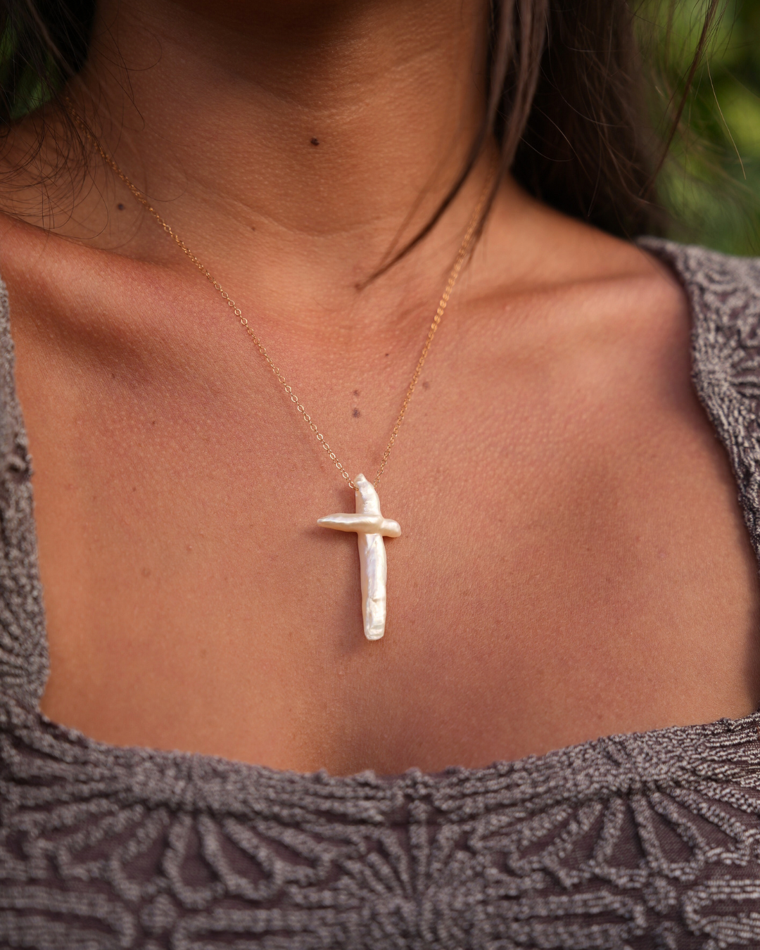 Handmade Grace Pearl Cross Necklace featuring freshwater pearls on a 14k gold-filled adjustable chain, dainty and unique for layering or everyday wear.