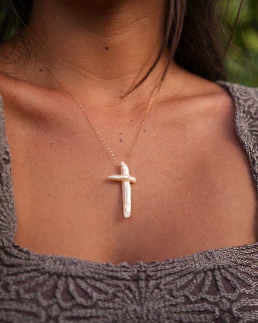 Handmade Grace Pearl Cross Necklace featuring freshwater pearls on a 14k gold-filled adjustable chain, dainty and unique for layering or everyday wear.