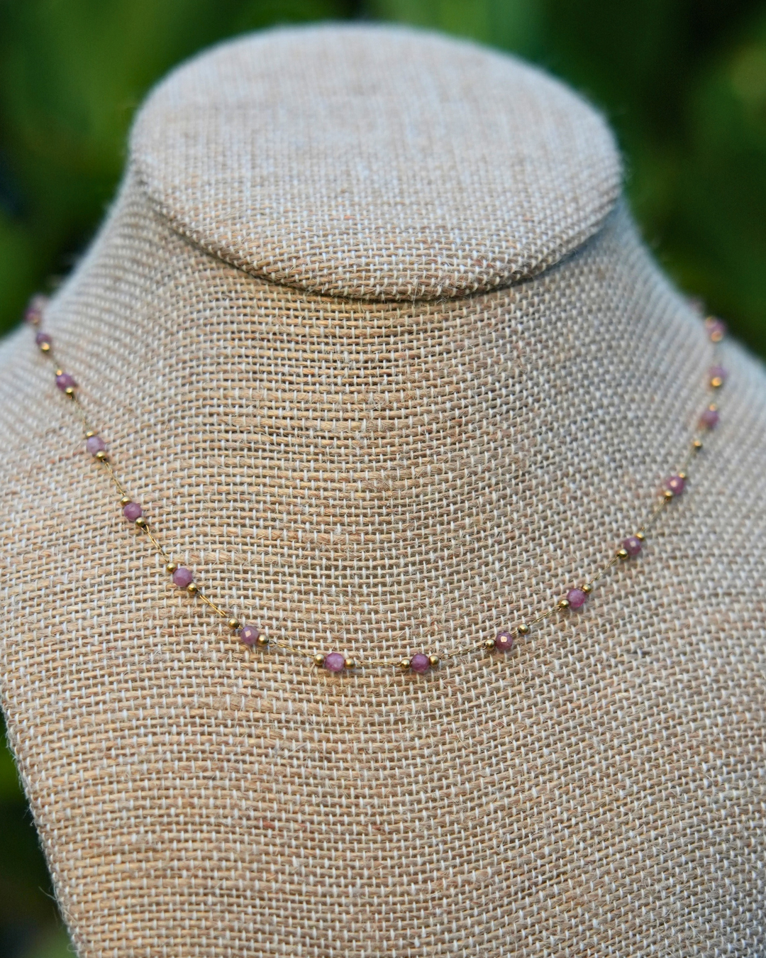 Handmade Iris Choker Necklace featuring tiny purple stones and gold beads on a 15-inch gold-plated chain with gold-filled findings, dainty and lightweight.