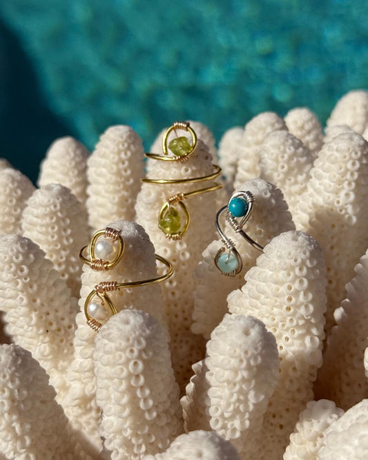 Handmade Sol Samba Ring with choice of gold, silver, gold-filled, or sterling silver wire featuring natural gemstones, available in single, double, or duo stone styles.
