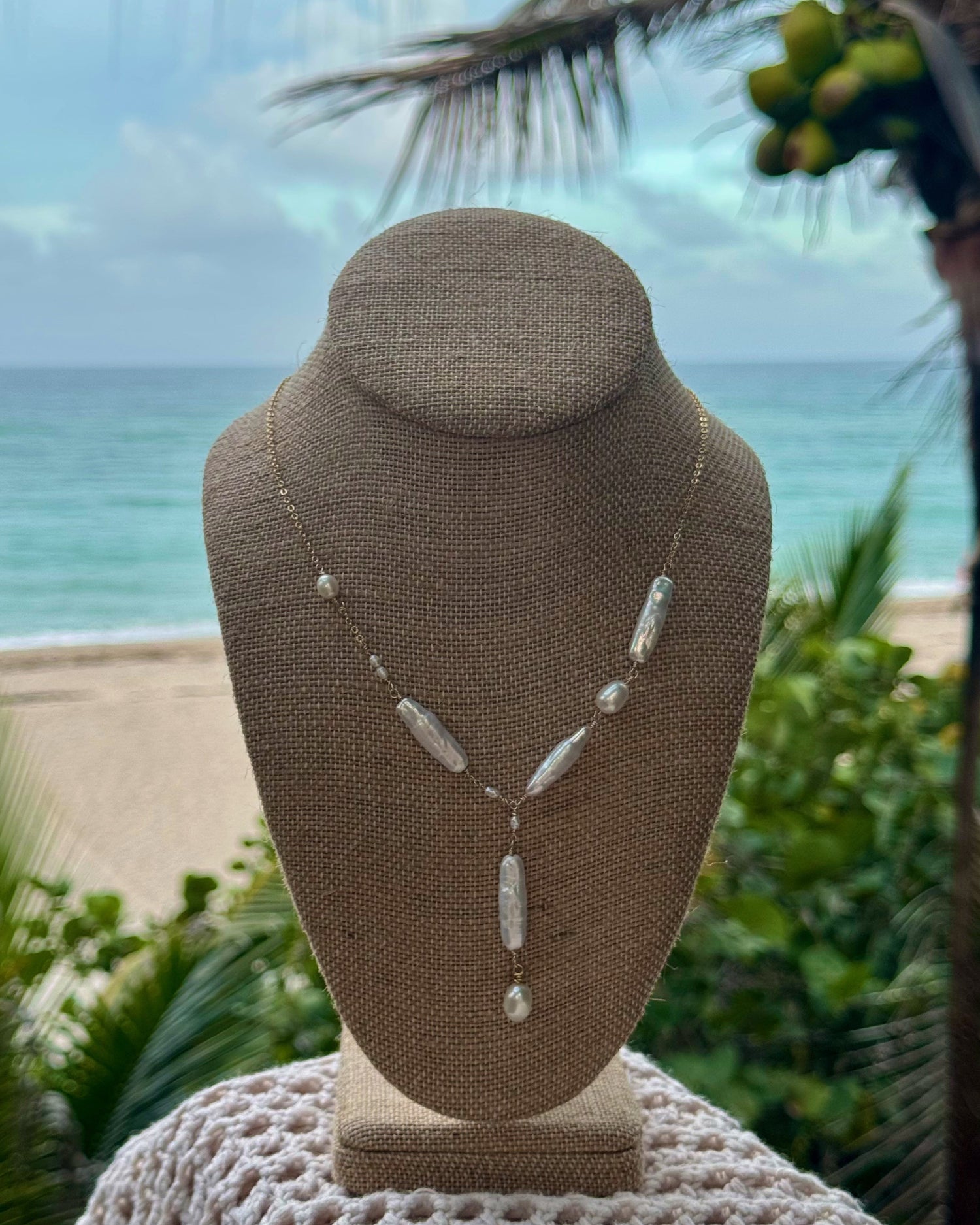 Handmade Thalassa Lariat Pearl Necklace featuring Biwa and freshwater pearls on a gold-plated or sterling chain, dainty Y-shaped design.